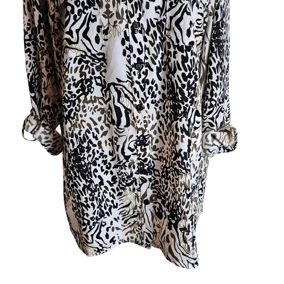 Notations Woman Floral Animal Print Button Down Shirt Size 3X Roll Tab Sleeves - Picture 4 of 14